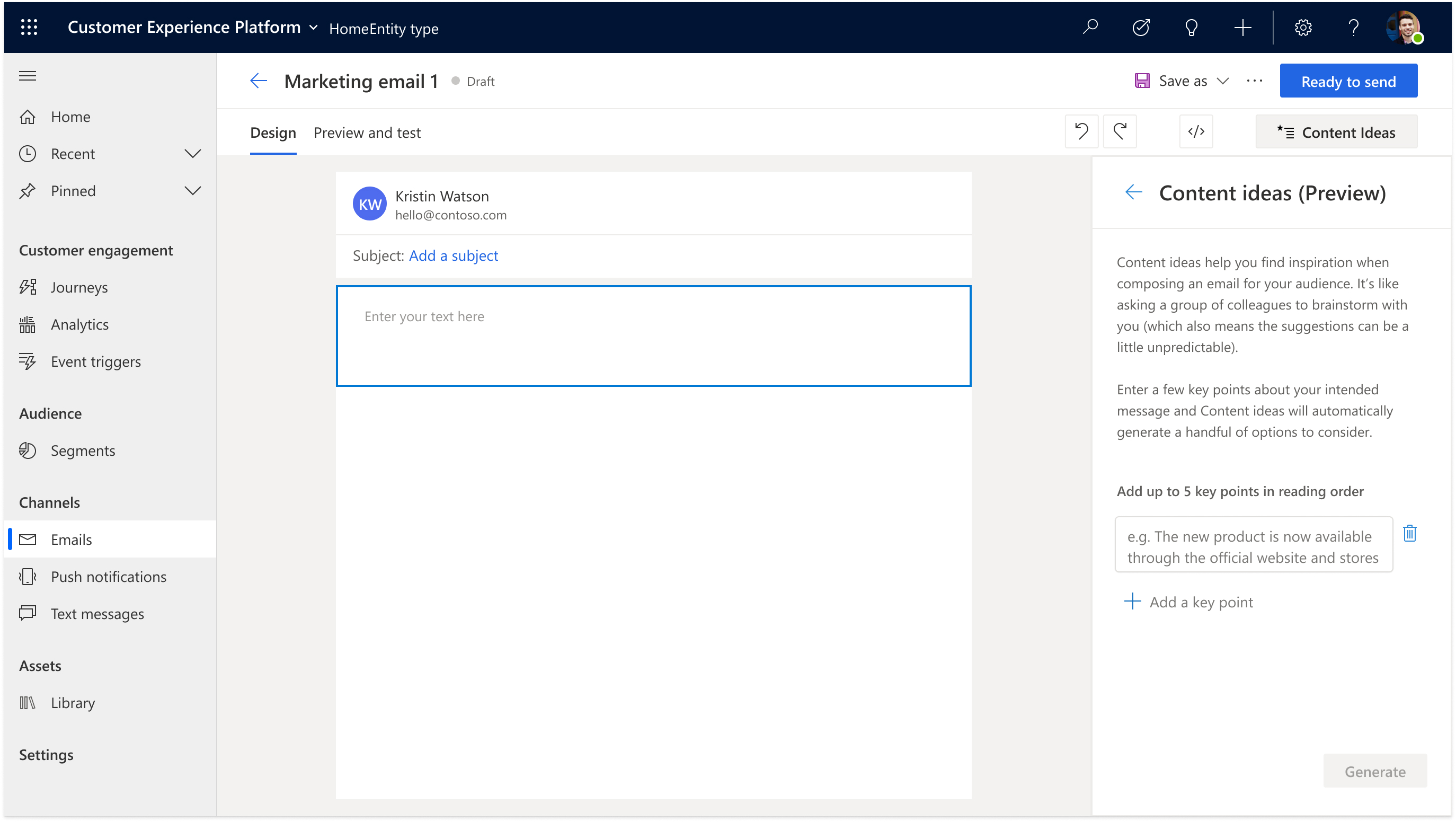 Product screenshot shows content ideas to help you find inspiration when composing an email. Product screenshot shows content ideas to help you find inspiration when composing an email.