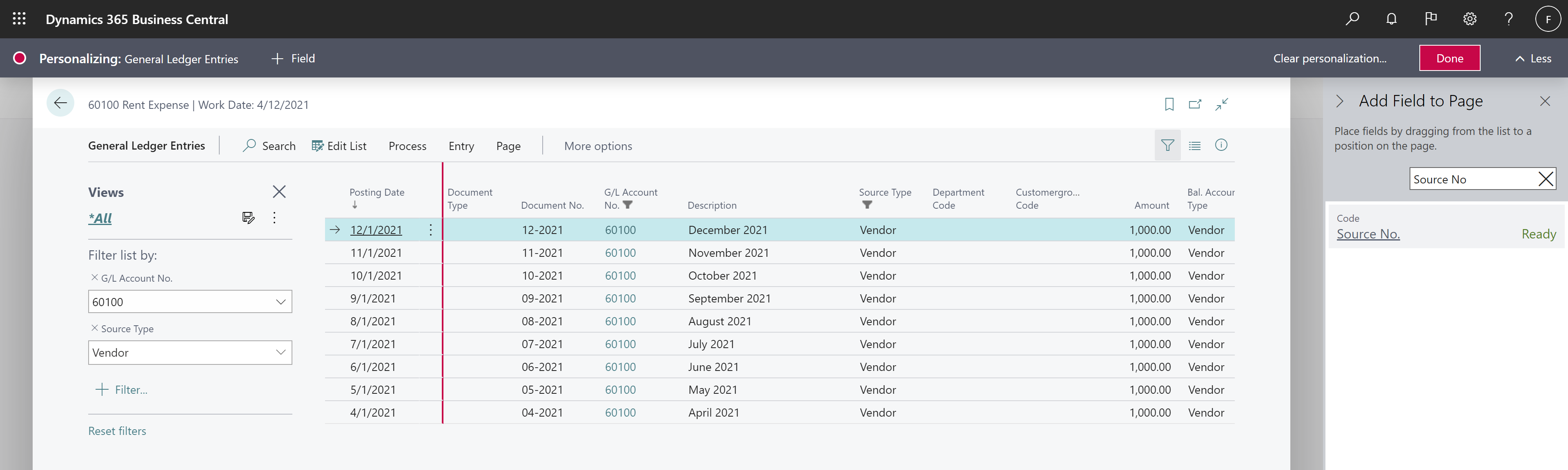 Shows Source Type and Source No. fields added through personalization to General Ledger Entries. Shows Source Type and Source No. fields added through personalization to General Ledger Entries.