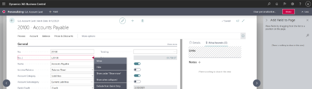 Shows G/L Account Card page with new field. Shows G/L Account Card page with new field.