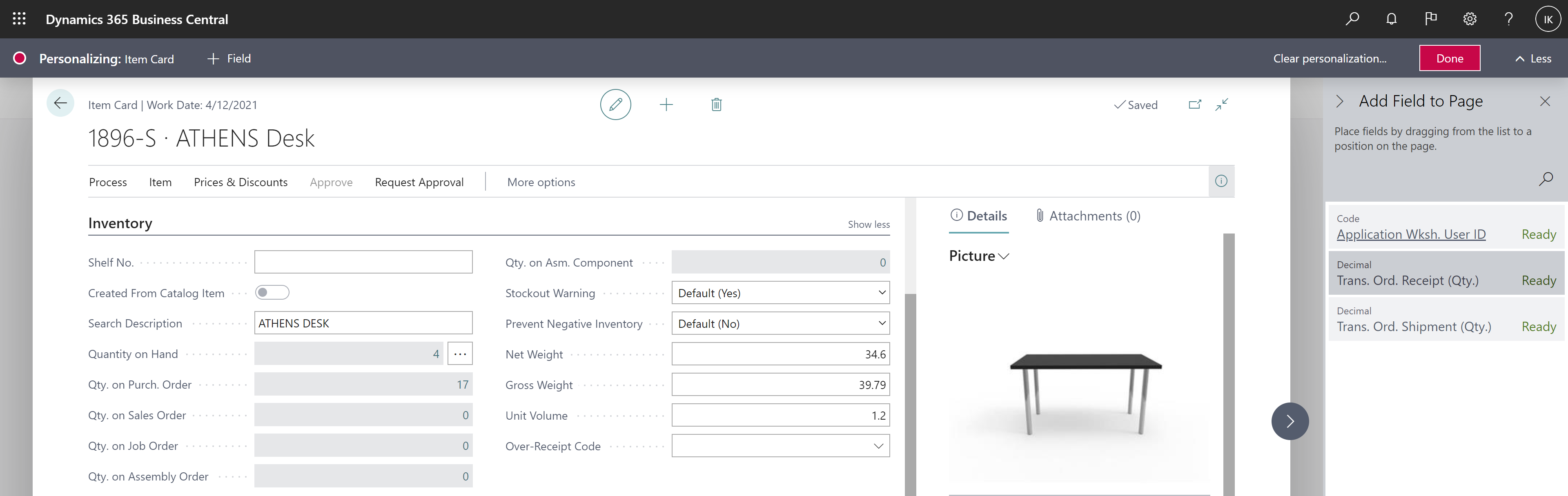Shows Transfer Order Receipt and Shipment Quantity fields available for personalization on Item Card page. Shows Transfer Order Receipt and Shipment Quantity fields available for personalization on Item Card page.