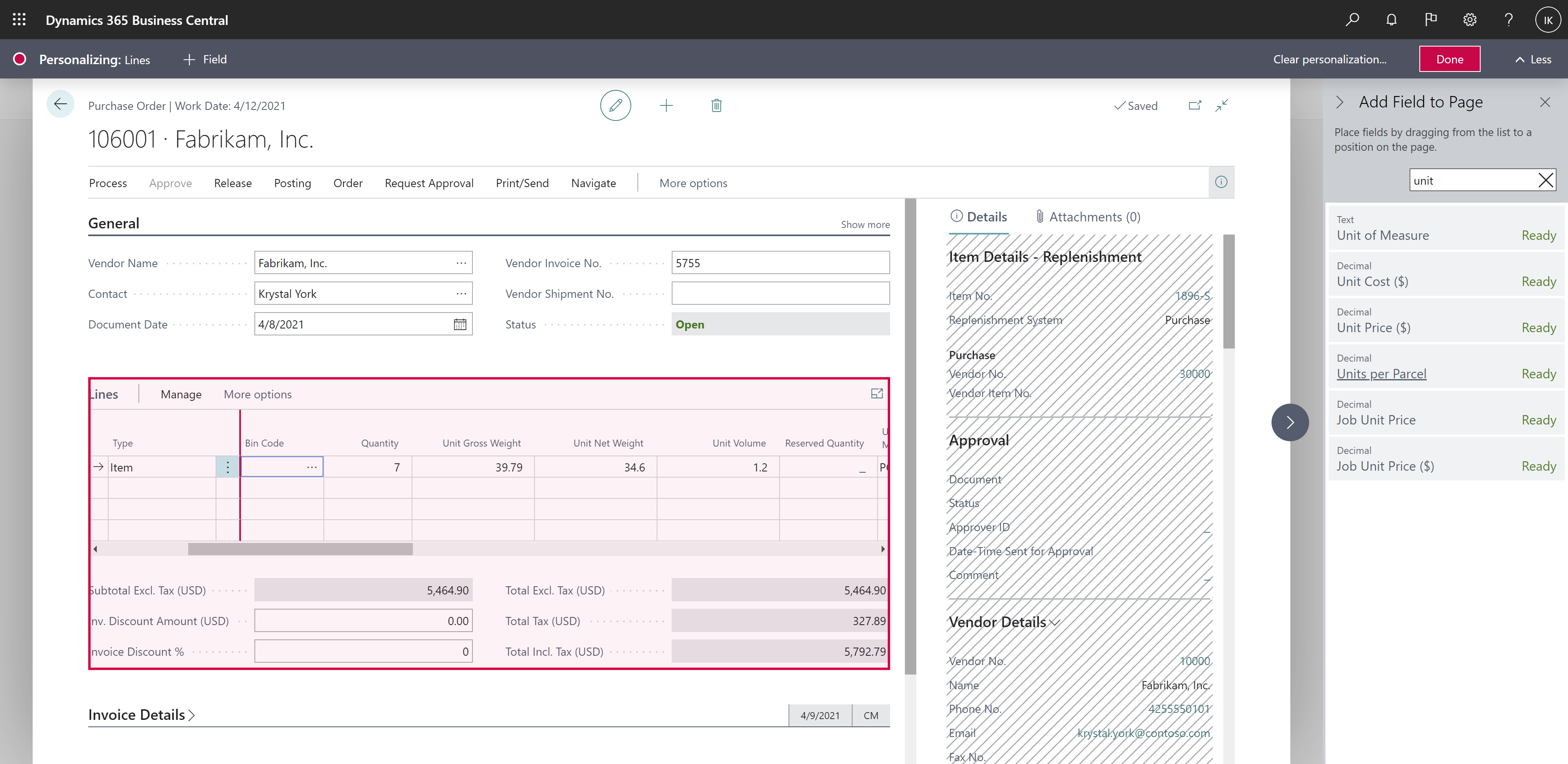 Shows purchase order with new columns. Shows purchase order with new columns.