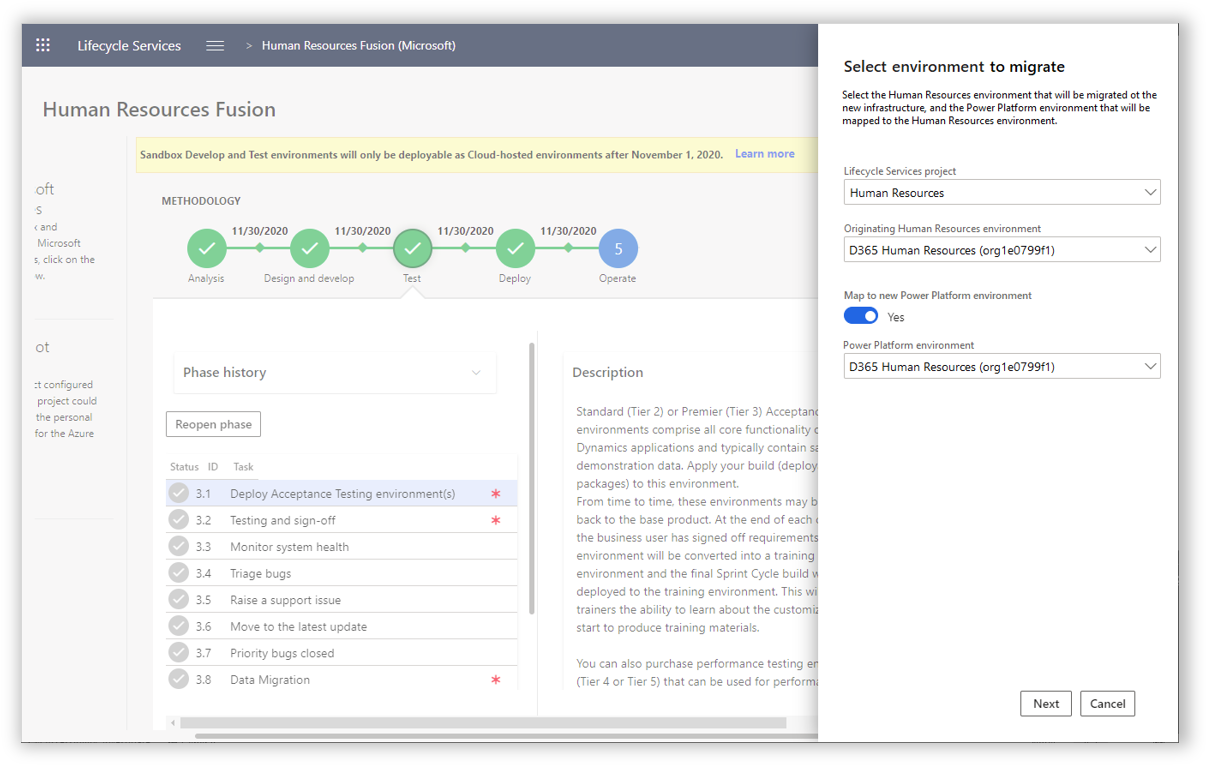 Migration options in Lifecycle Services. Migration options in Lifecycle Services.