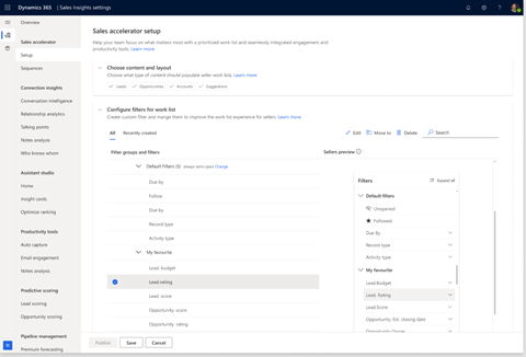 Screenshot of filter personalization