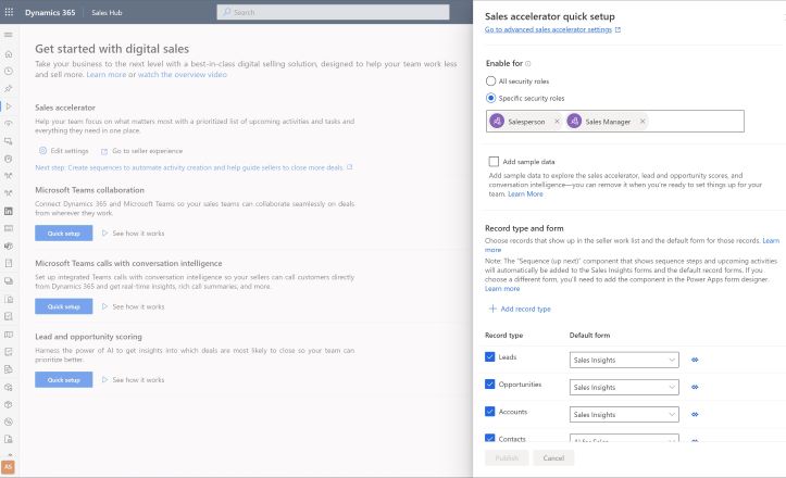 Screenshot of the sales accelerator quick setup in app settings