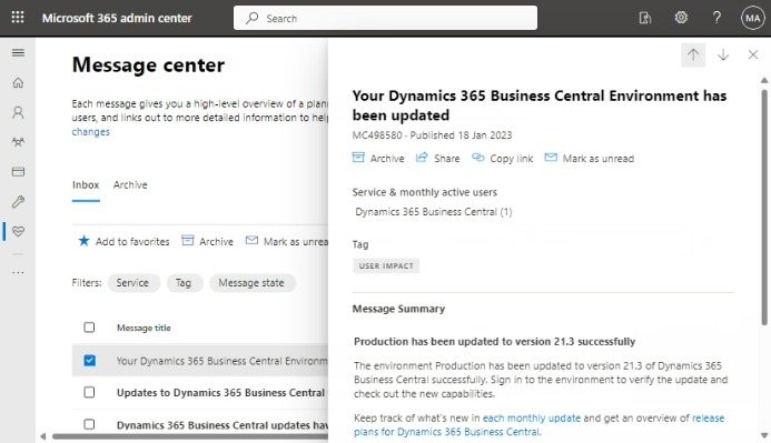 Business Central message in Microsoft 365 admin center Business Central message in Microsoft 365 admin center