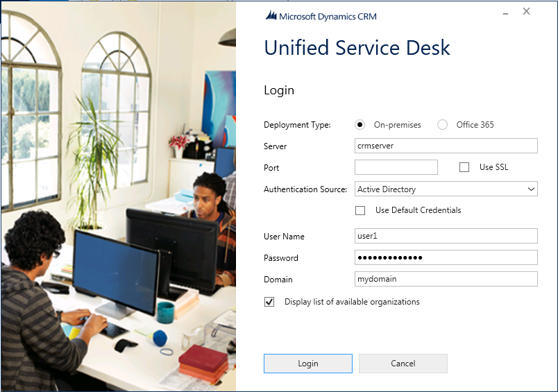 Unified Service Desk client sign-in screen Unified Service Desk client sign-in screen.