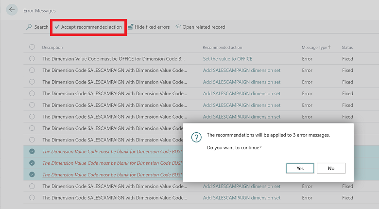 Shows accept recommended actions action and confirmation dialog for accepting them. Shows accept recommended actions action and confirmation dialog for accepting them.