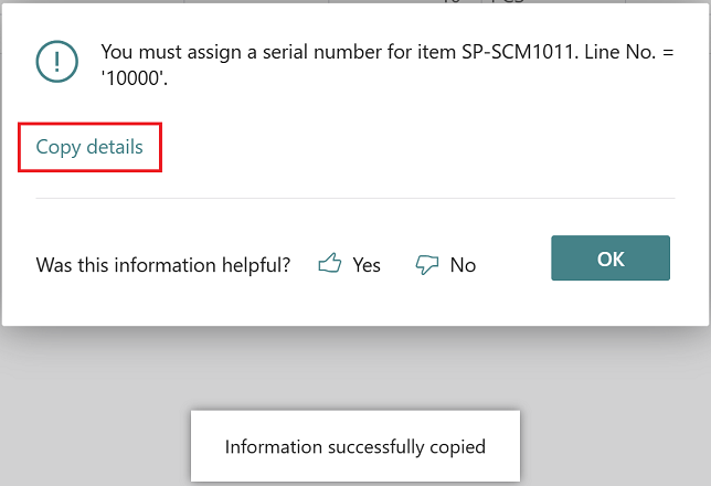 Shows new Copy details link in error dialog that allows users to copy troubleshooting information. Shows new Copy details link in error dialog that allows users to copy troubleshooting information.