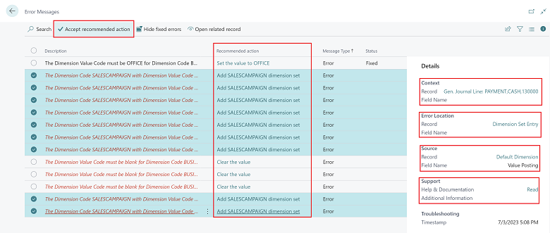 Redesigned error messages page showing recommended actions per error. Redesigned error messages page showing recommended actions per error.
