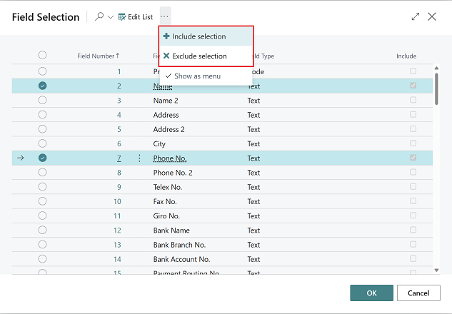 Shows Include and Exclude fields action in field selection for entity Shows Include and Exclude fields action in field selection for entity
