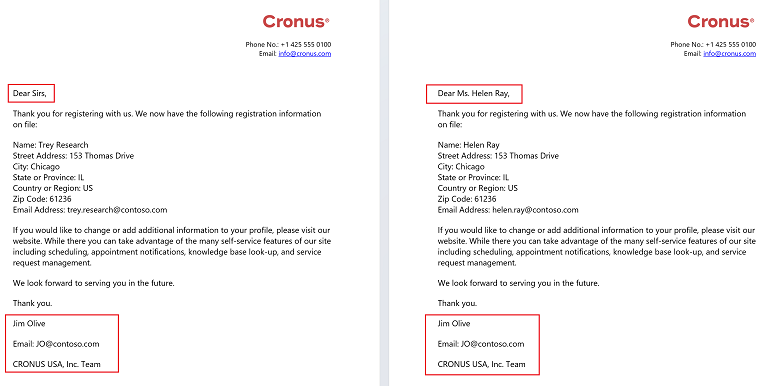 Results of mail merge using calculated fields and fields from unrelated entities. Results of mail merge using calculated fields and fields from unrelated entities.