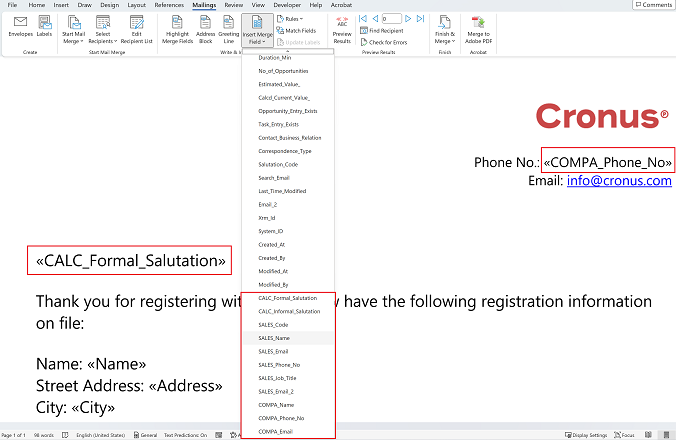Shows related and unrelated entity fields in Word's Insert Merge Fields menu Shows related and unrelated entity fields in Word's Insert Merge Fields menu