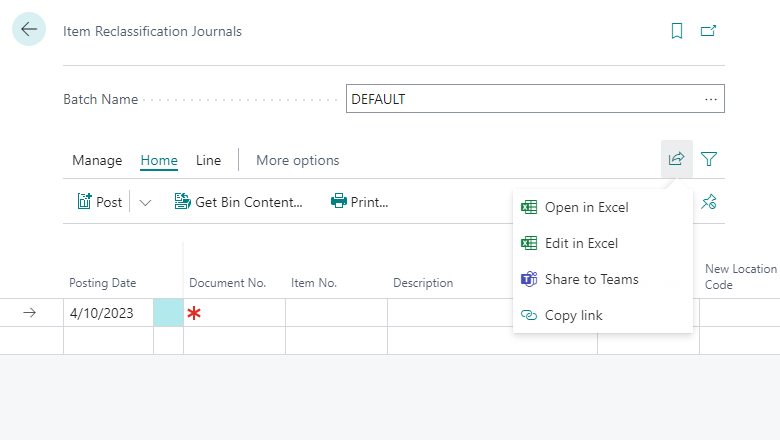 Edit in Excel action in Item Reclassification Journal Edit in Excel action in Item Reclassification Journal