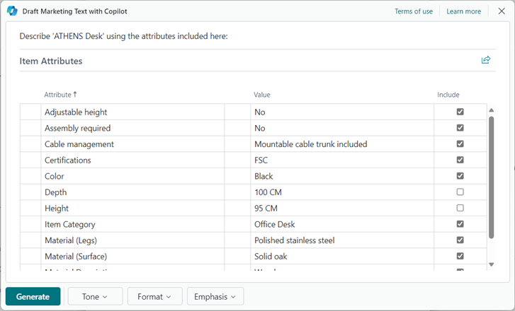 Drafting with Copilot and selecting the applicable product attributes. Drafting with Copilot and selecting the applicable product attributes.