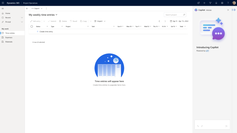 Screenshot introducing Copilot for time entry