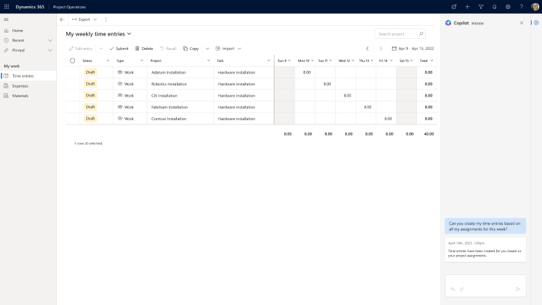 Screenshot of draft time entries created by Copilot based on a resource's assignments