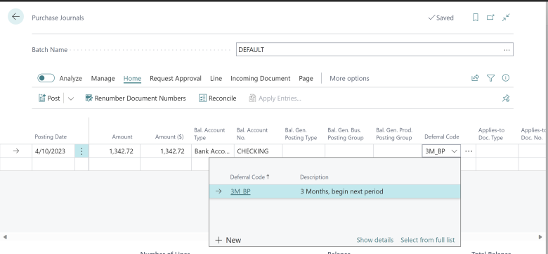 Purchase journal with the new Deferral Code field Purchase journal with the new Deferral Code field