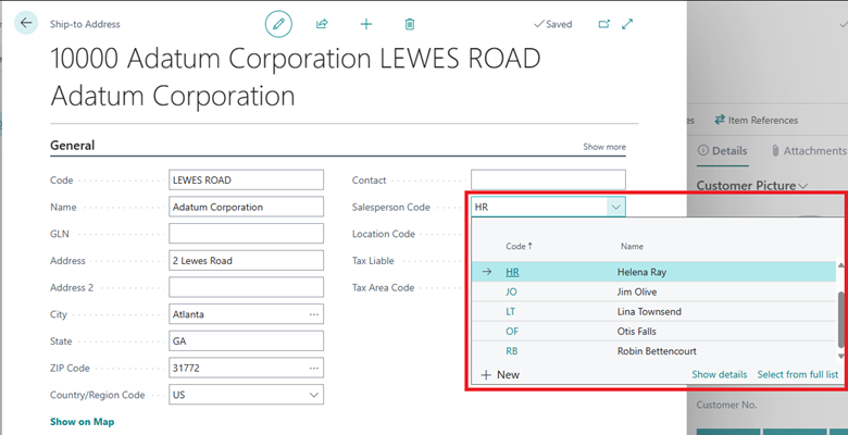 Shows Ship-To Address page with Salesperson code field highlighted. Shows Ship-To Address page with Salesperson code field highlighted.