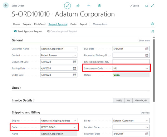 Shows sales order with changed Ship-To address having sales representative not coming from Bill-to customer Shows sales order with changed Ship-To address having sales representative not coming from Bill-to customer
