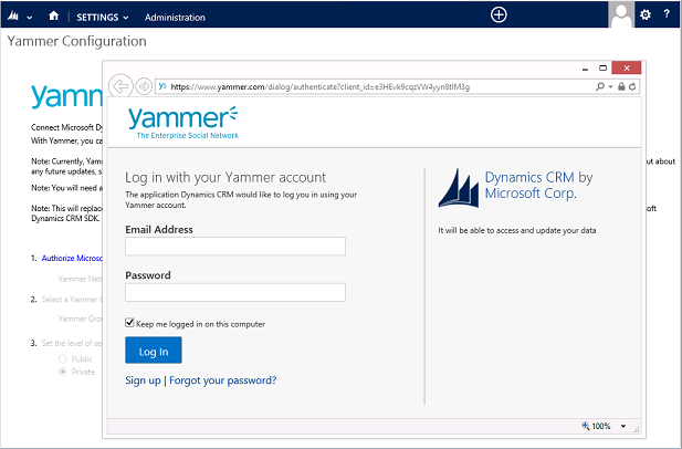 Authorize CRM to connect to Yammer