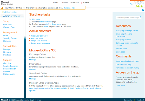 Office 365 Admin Overview page