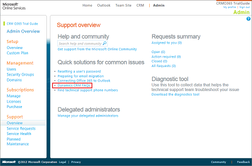 Office 365 Service Support page