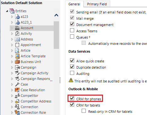 Disable CRM for phones for entity