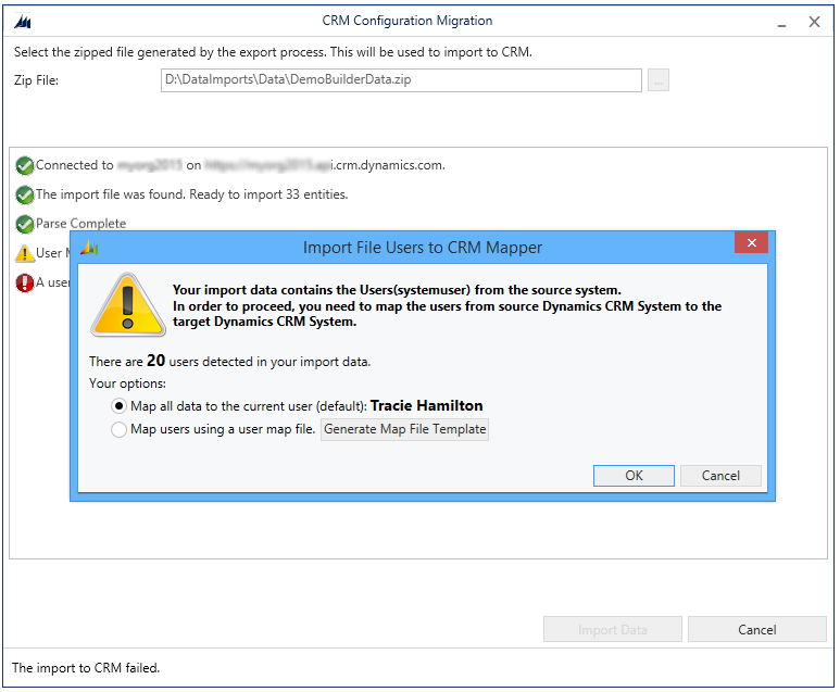 Import file users to CRM Mapper dialog box