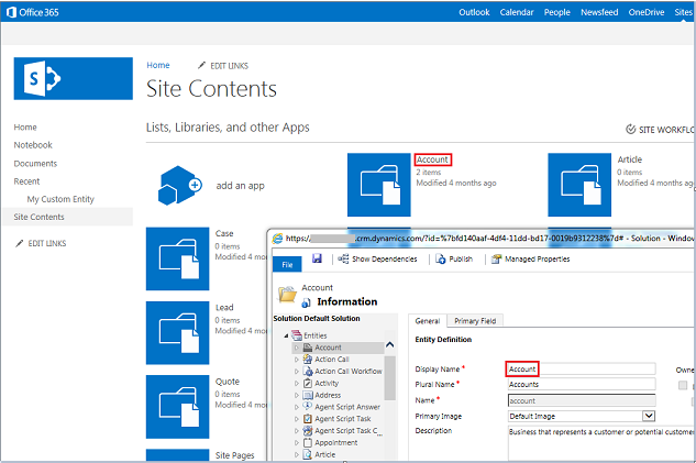 SharePoint library name and entity display name