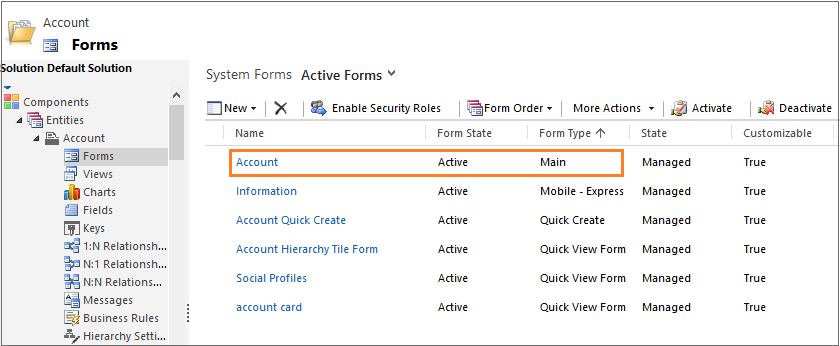 Customize the account form of type Main