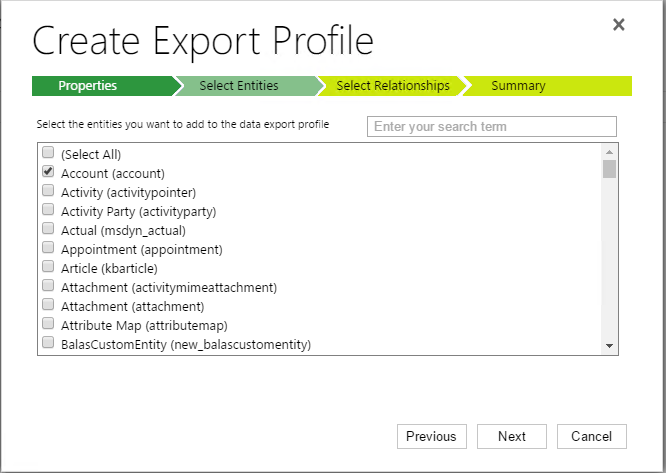Select Entities tab in Create Export Profile dialog box