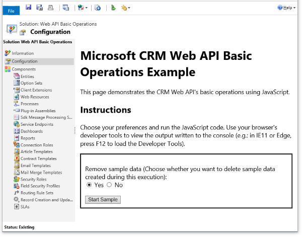 CRM Web API Sample Configuration page