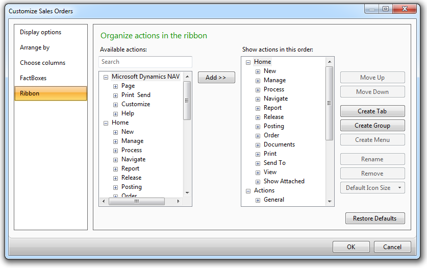 The system dialog to customize the current page