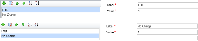 Screenshot that shows the C R M Account table options. F O B is selected and its value is set to 1. No Charge is selected and its value is set to 2.