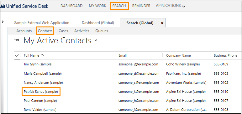 Screenshot of contact list