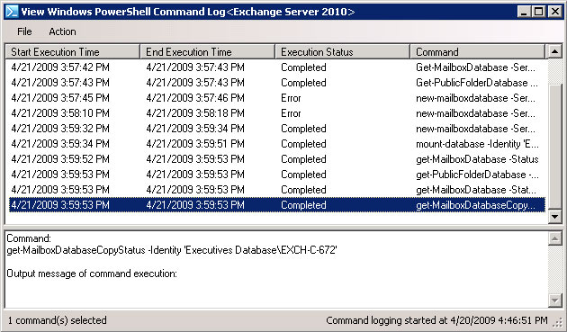 PowerShell command log showing executed commands.
