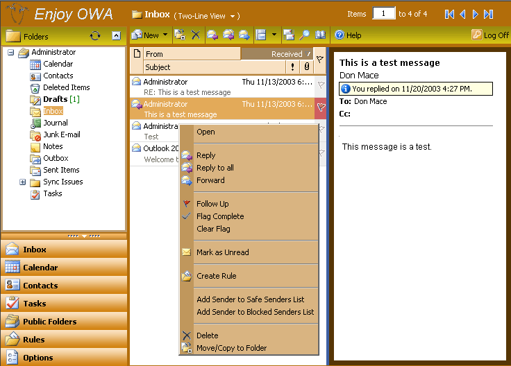 Example of the Florida theme applied to OWA UI