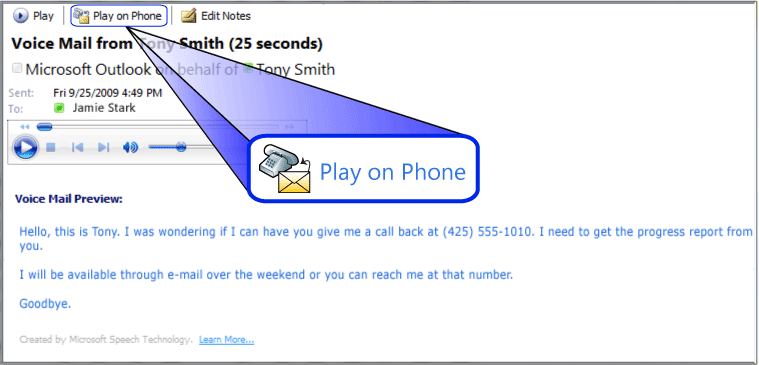 Shows the Play on Phone button in Outlook 2010