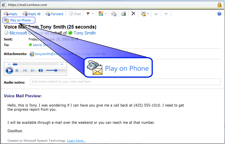 Shows the Play on Phone button in Outlook Web App