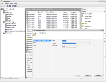Windows Vista Task Scheduler Wizard can be launched from the Event Viewer