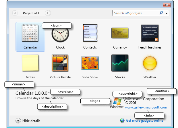 Gadget picker with manifest elements highlighted.