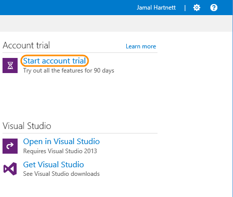 Start account link on the Visual Studio Online account home page