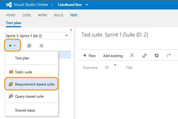 New button in the test plan explorer pane and then choose requirement-based suite