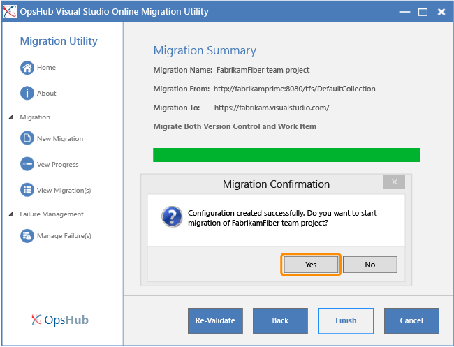 Migration configured, ready to start migration