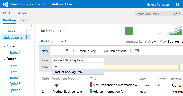 Add a bug or backlog item from the quick add panel
