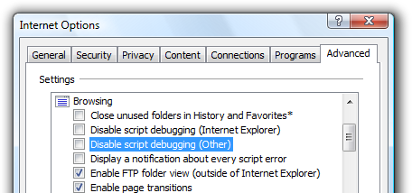 Internet Explorer advanced options