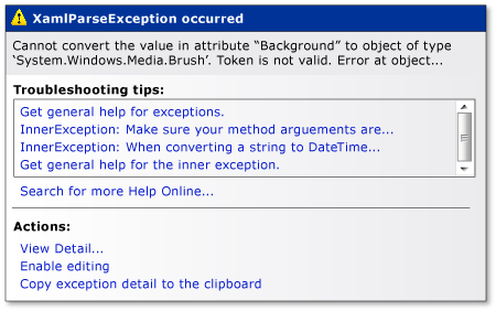 Exception Assistant displaying a XAML parse error