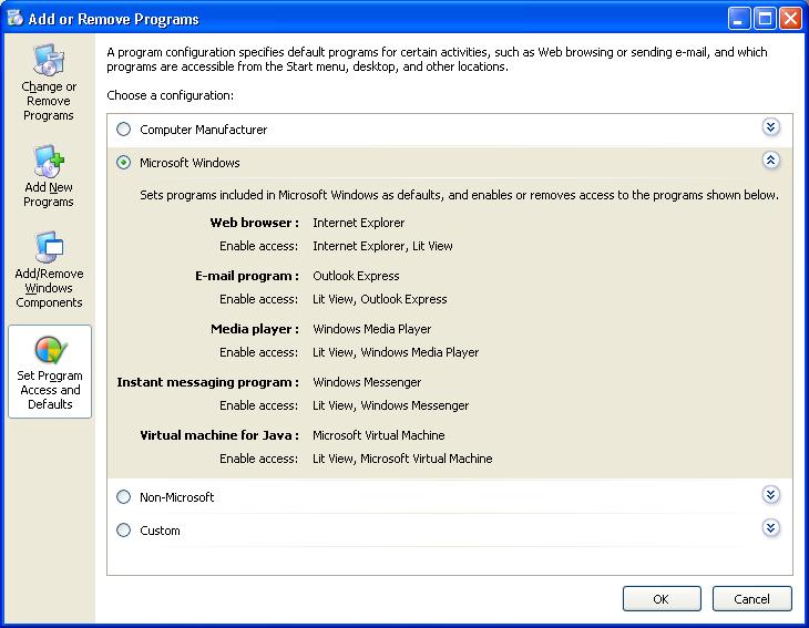 Set Program Access and Defaults Microsoft options