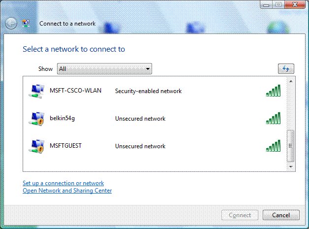 The Connect to a network dialog box