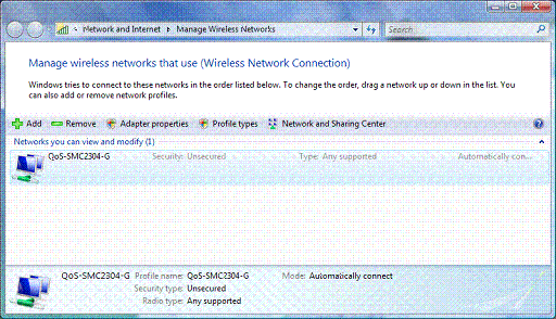 Example of the Manage Wireless Networks dialog box
